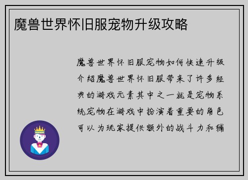 魔兽世界怀旧服宠物升级攻略