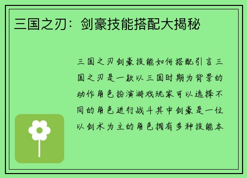 三国之刃：剑豪技能搭配大揭秘